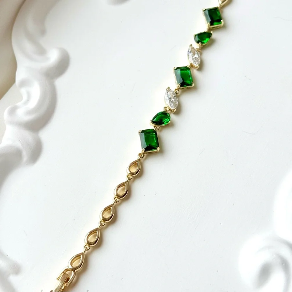 14K Gold Plated Emerald Green & Marquise CZ Tennis Bracelet – Dainty Jewelry